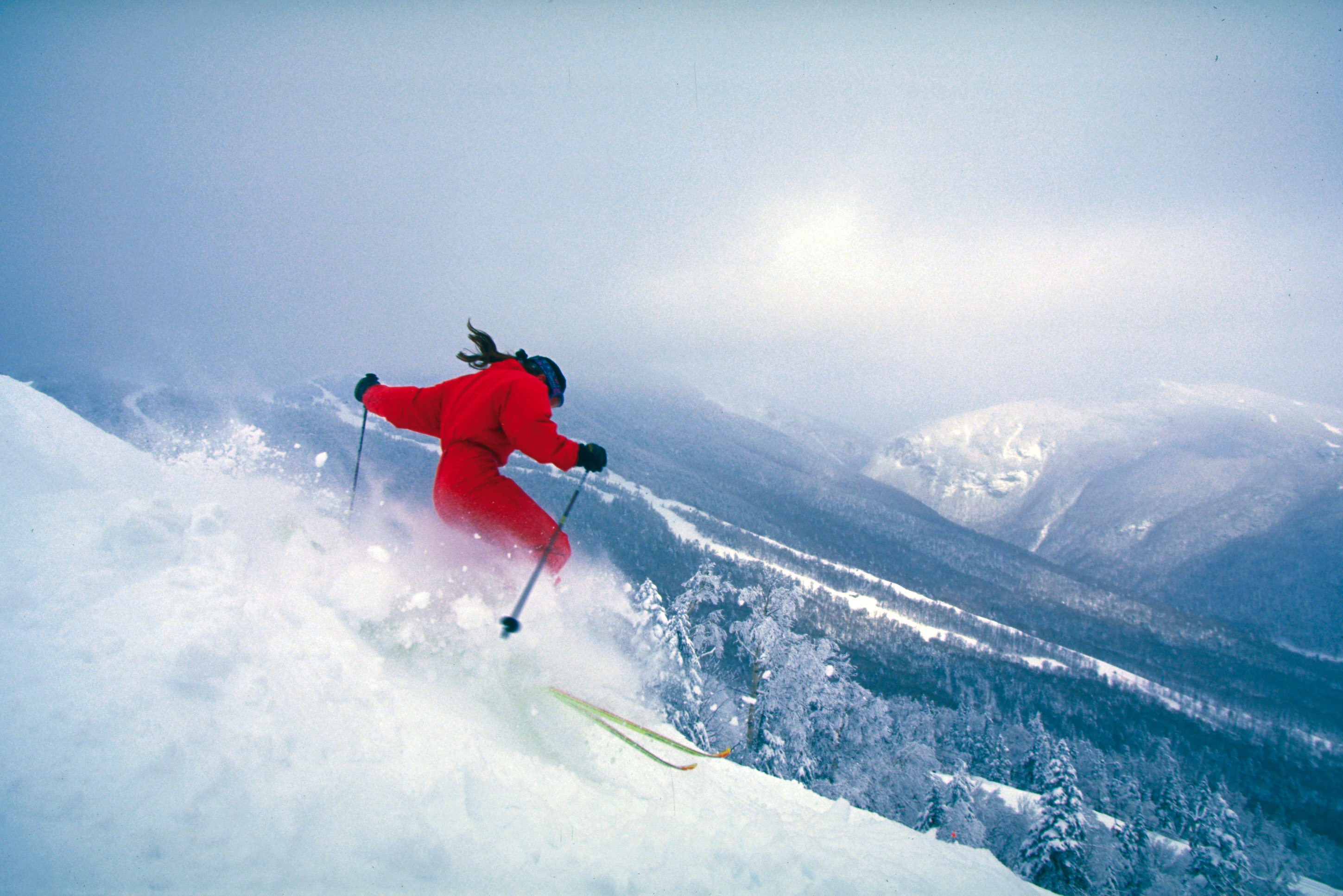 Stowe historic female skiing powder