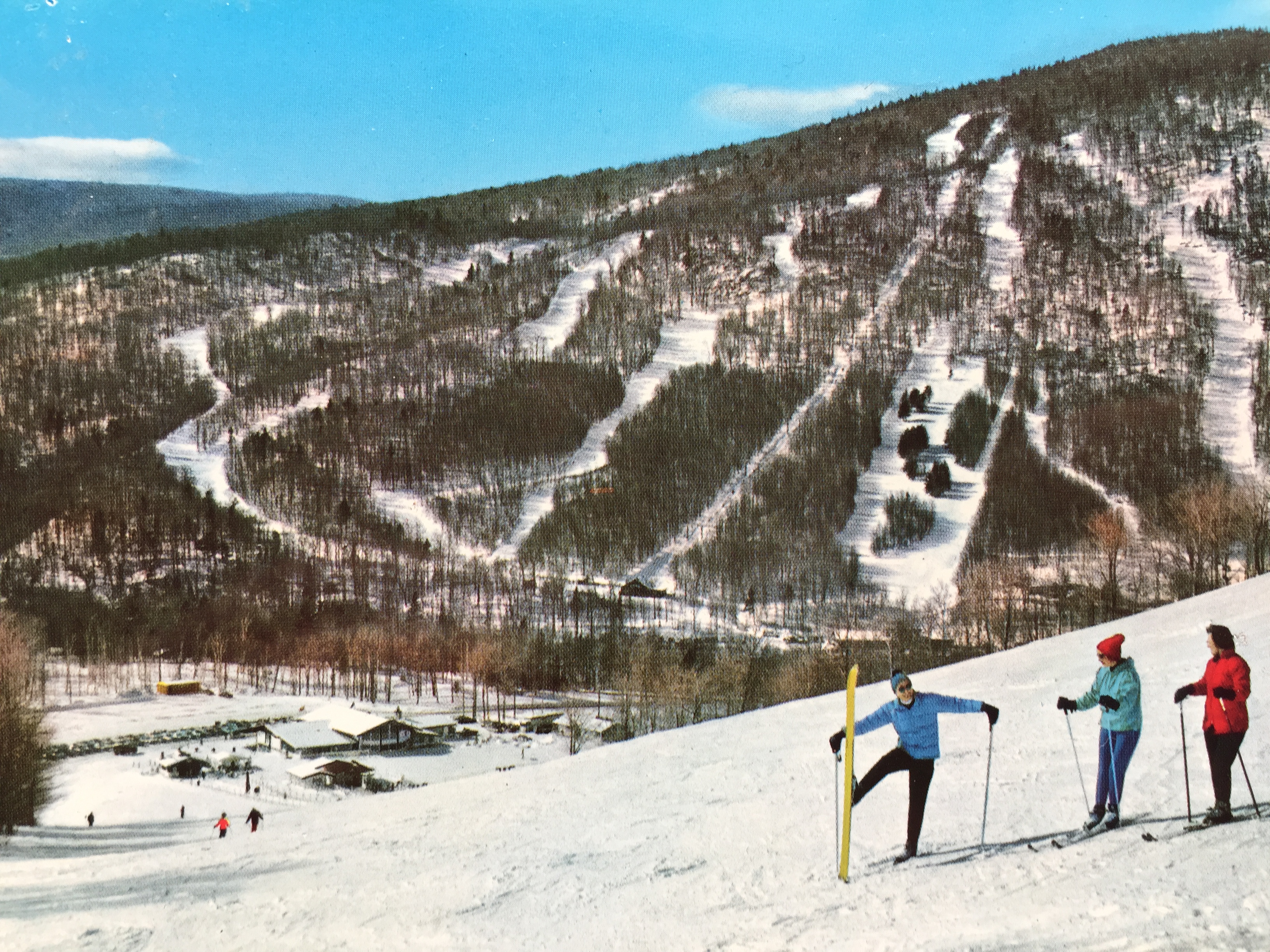 Stowe Historic skiers on Spruce with Mansfield Views
